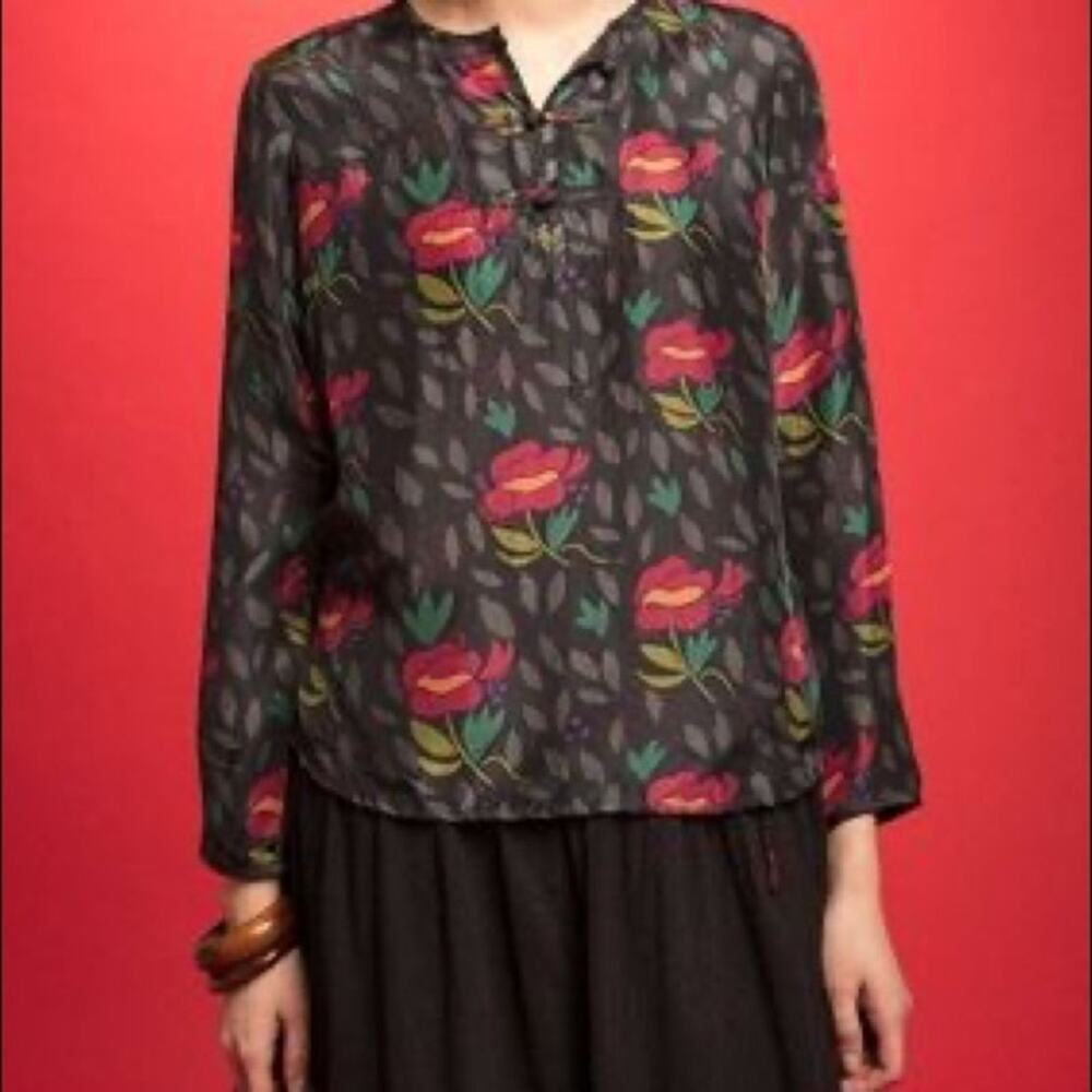 Gudrun Sjodun Kinaros Blouse 100% Silk Floral Print Mandarin Toggles SZ S - Picture 2 of 7